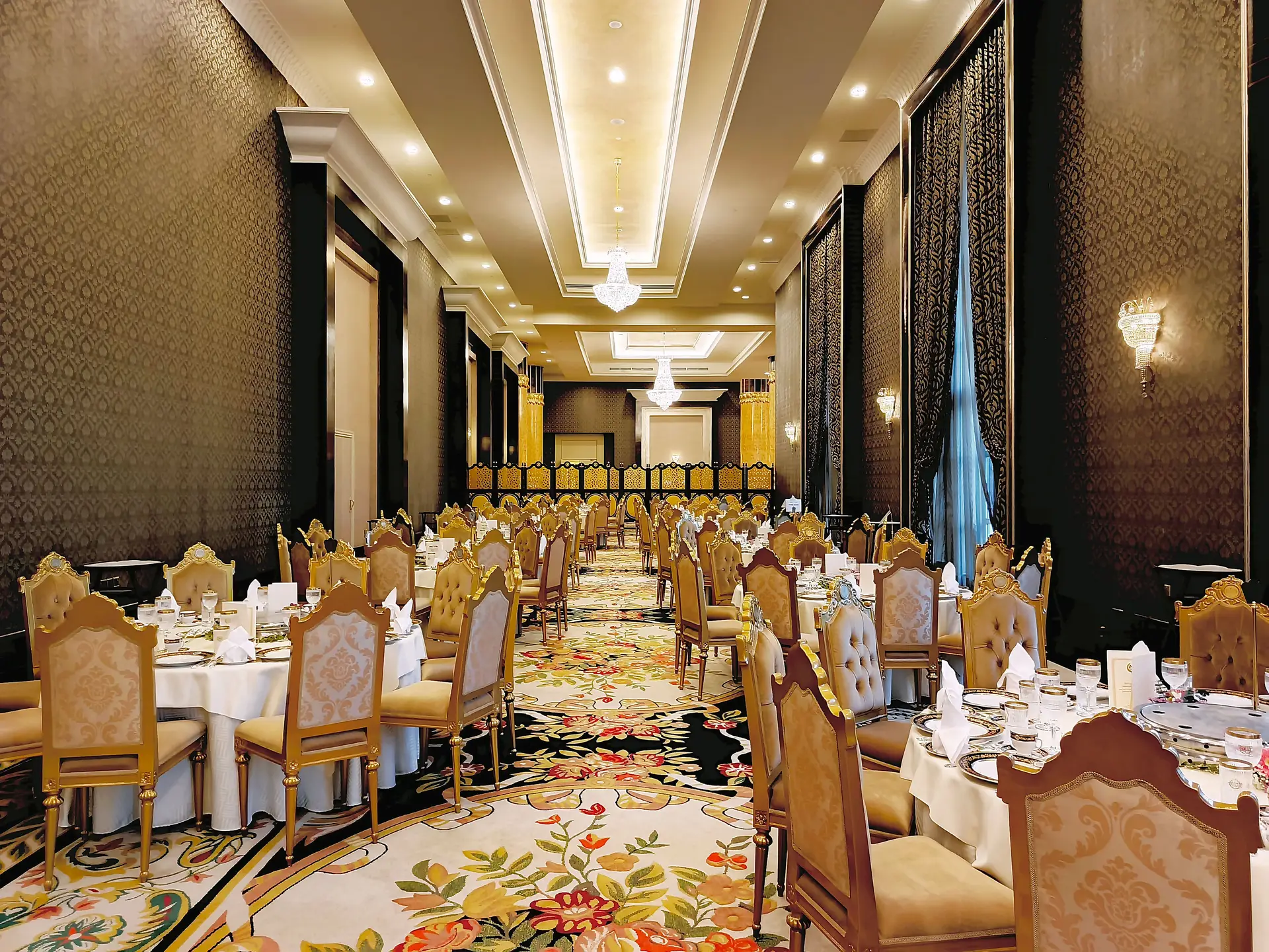 Elegant ballroom set up for a private event
